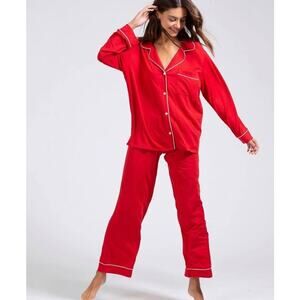 Chloe Kristyn Comfort Bamboo Long Pyjama Set Front Button Red Size Large NWT